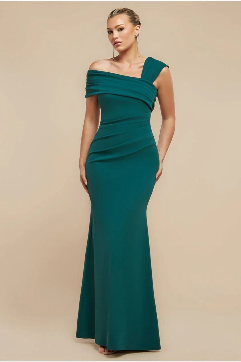 Deep Teal One-Shoulder Crepe Dress: Asymmetrical Neckline — Date Party Dresses