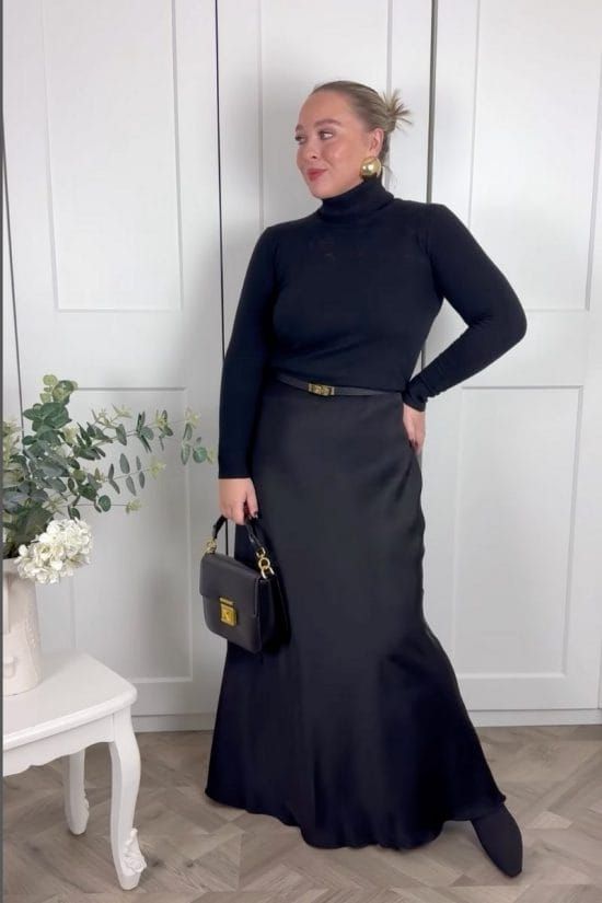 Black Knit Turtleneck with Flowing Satin Skirt and Gold Belt — Satin Top Outfits
