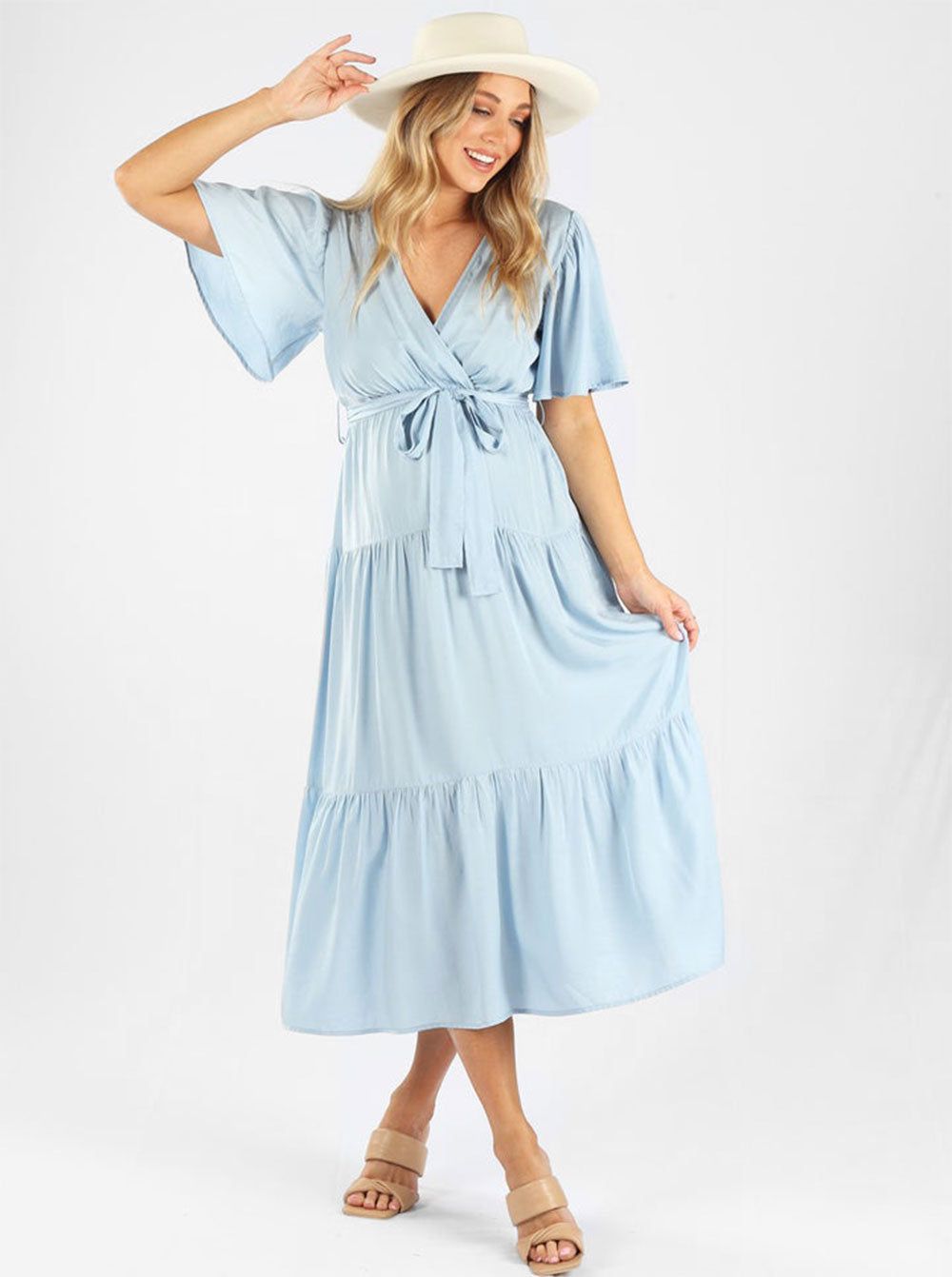 Light Blue Wrap Midi Dress with Flutter Sleeves and Tiered Skirt for a Casual Baby Shower Light Blue Wrap Midi Dress with Flutter Sleeves and Tiered Skirt for a Casual Baby Shower — Baby Shower Dresses