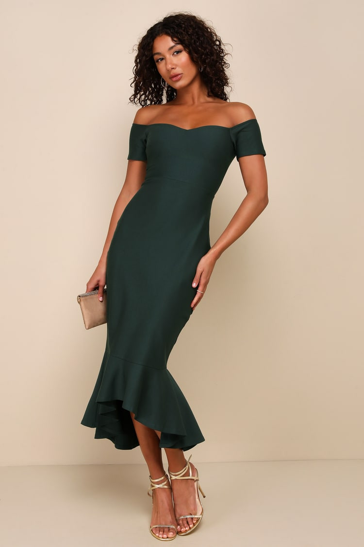 Dark Green Off-the-Shoulder Midi Dress with Ruffled Hem — Off the Shoulder Dresses