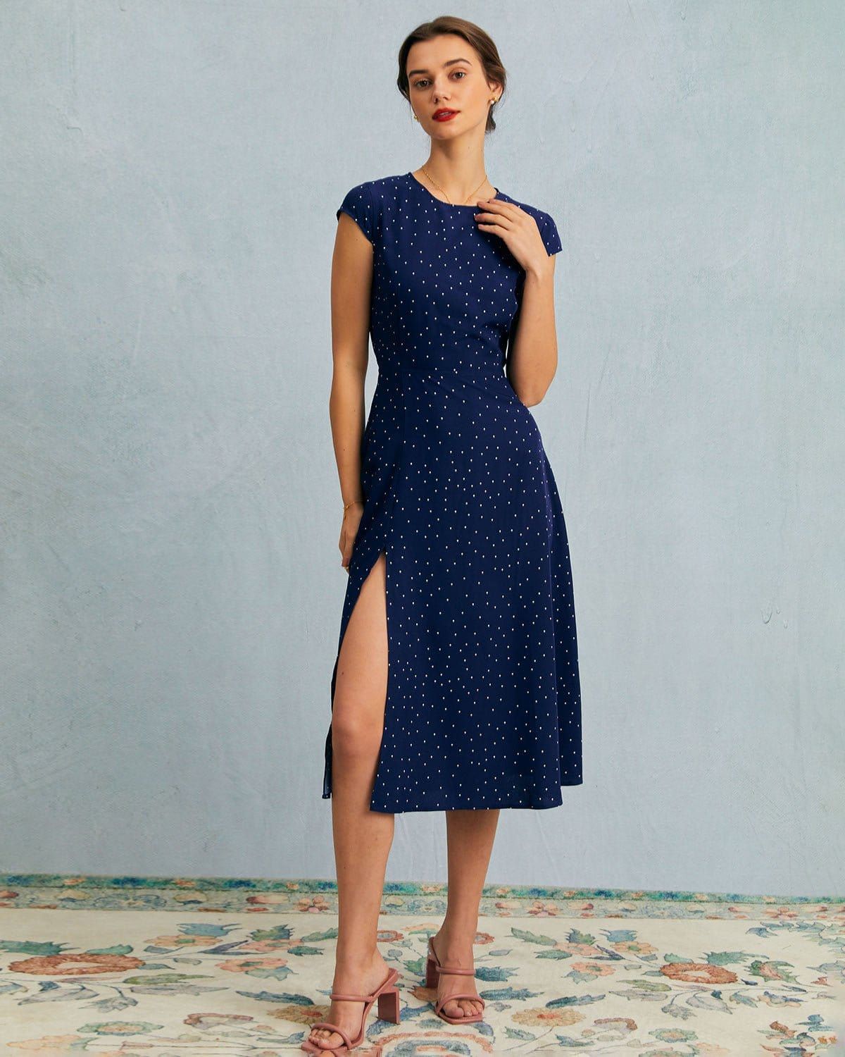 Navy Polka Dot Midi Dress with High Slit for Smart Casual Navy Polka Dot Midi Dress with High Slit for Smart Casual — Polka Dot Dresses