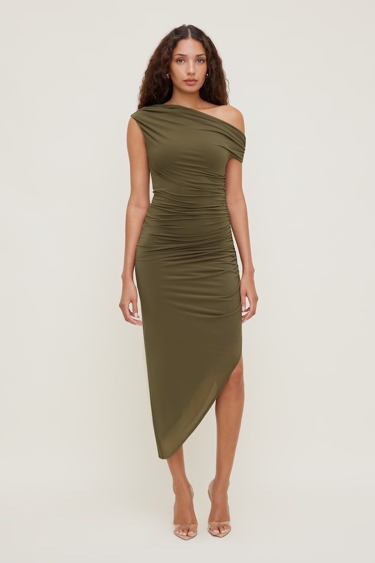 Going Out Olive Green Ruched One-Shoulder Midi Dress — Going Out Dresses