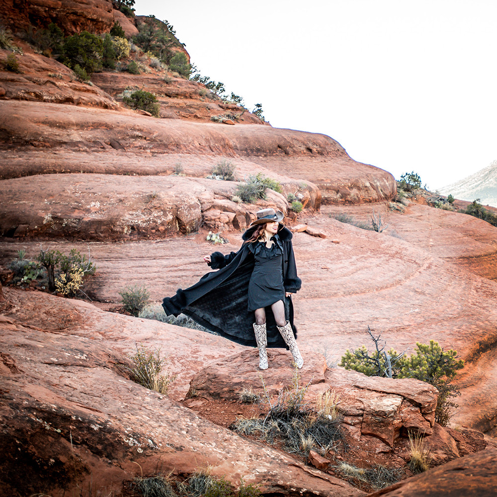 Dramatic Velvet Coat Over a Ruffled Dress — Sedona Outfits