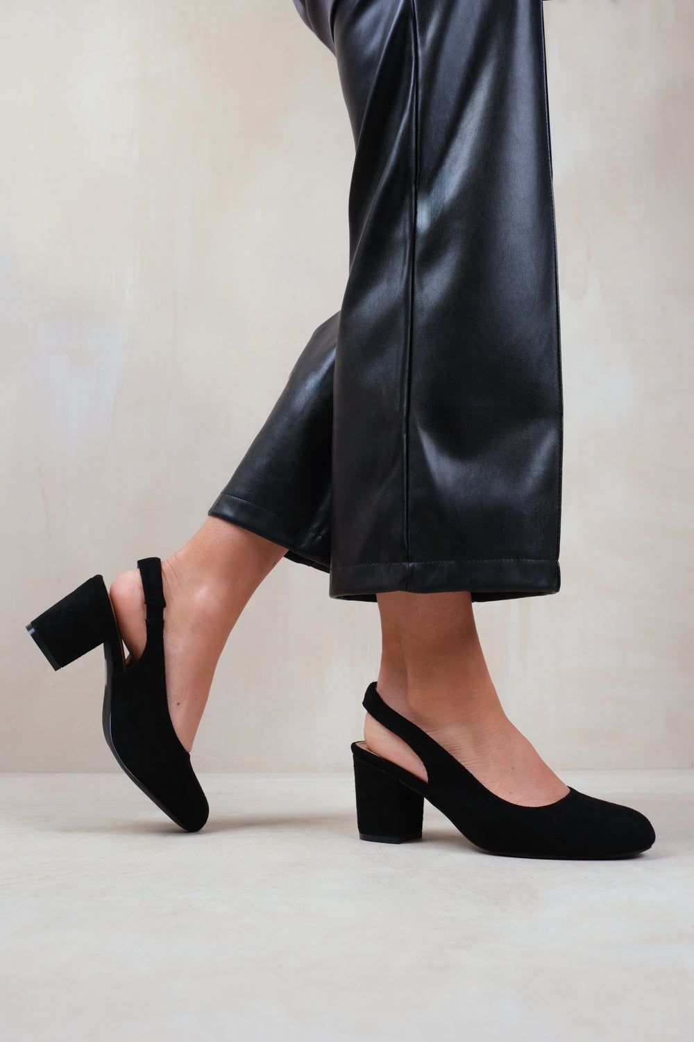 Black Suede Slingbacks with Wide-Leg Trousers for Work or Evening — Slingback Heels Outfits