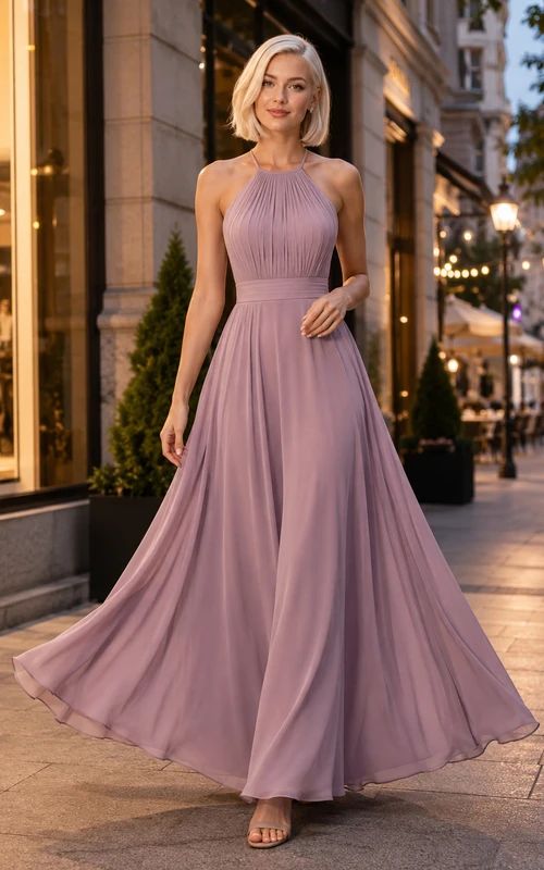 Dusty Purple Chiffon Halter Neck Maxi Dress with Flowing Skirt — Semi Formal Dresses