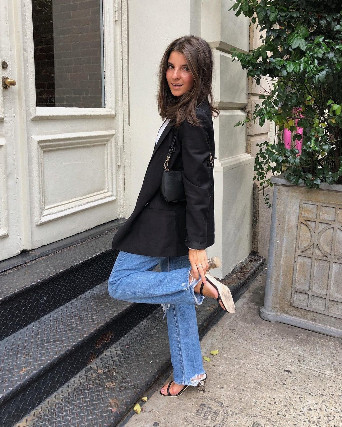 Ripped Jeans, White Tee, and Black Blazer with Heeled Sandals — Heels with Jeans Outfits