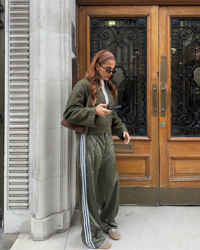 Dark Green Track Pants with Textured Jacket and Brown Accents — Green Outfits