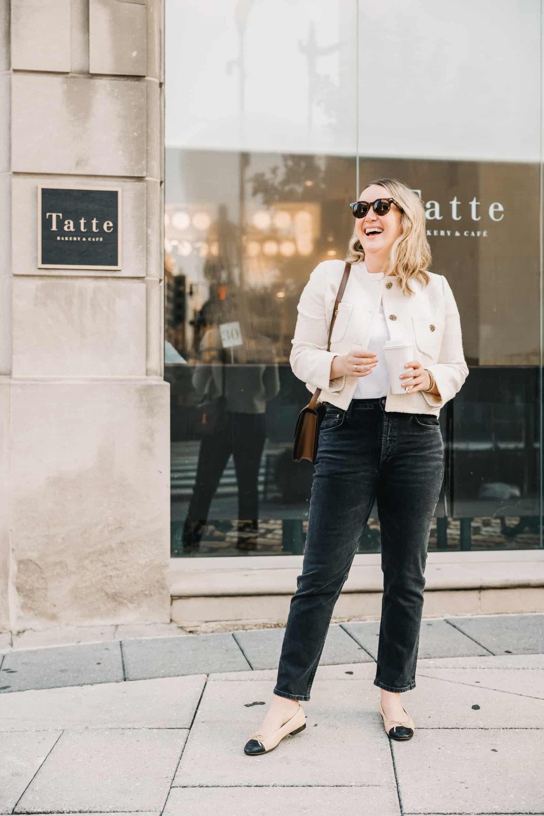 Blue White Cream Black Tweed Jacket and Two-Tone Ballet Flats with Straight-Leg Jeans — Ballet Flats with Jeans Outfits