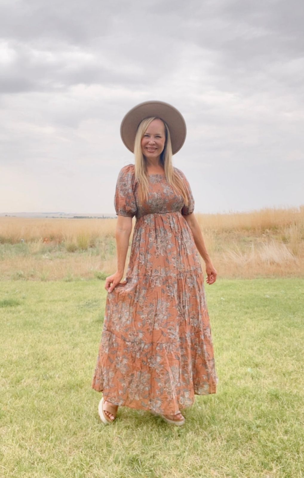 Tiered Floral Maxi Dress with Wide-Brimmed Hat for Summer — Nursing Friendly Dresses
