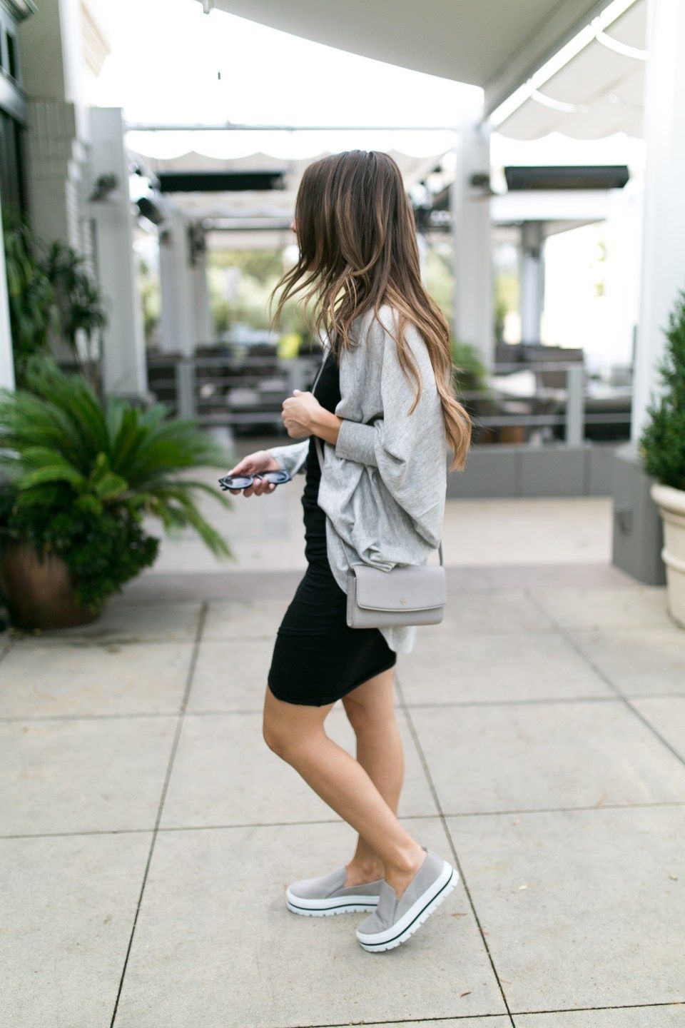 Grey Slip-On Platforms with Fitted Dress and Cardigan Grey Slip-On Platforms with Fitted Dress and Cardigan — Platform Sneakers Outfits