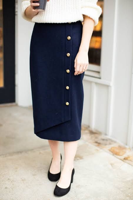Navy Pencil Skirt with Gold Buttons and Cream Sweater — Pencil Skirt Outfits