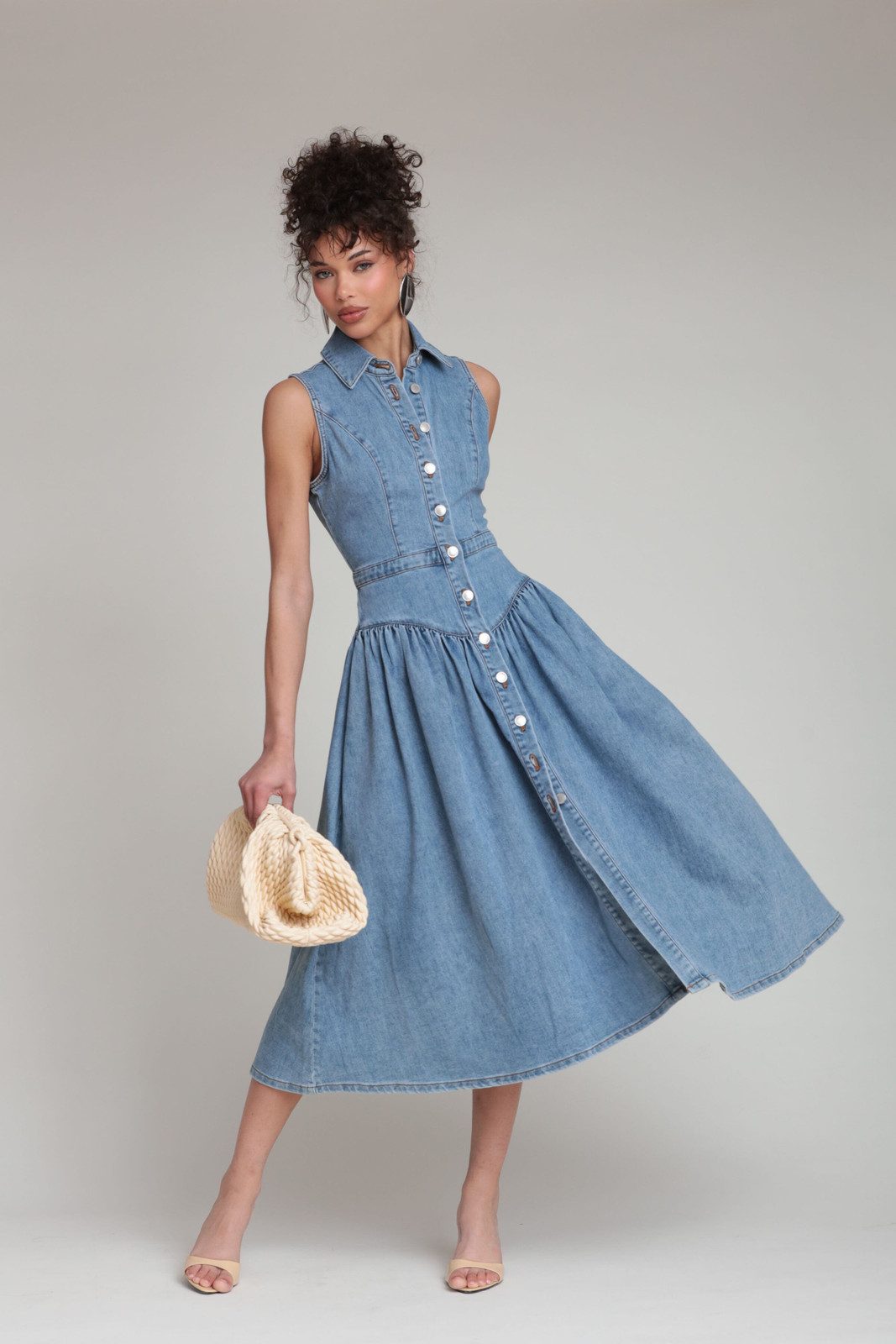 Blue Denim Sleeveless Drop Waist Shirtdress Blue Denim Sleeveless Drop Waist Shirtdress — Drop Waist Dresses