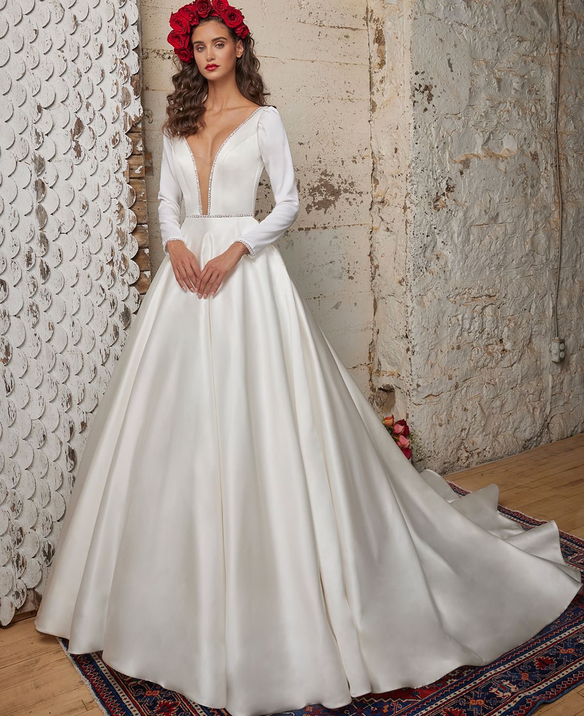 Ivory Long-Sleeved Ball Gown with Deep V-Neck Ivory Long-Sleeved Ball Gown with Deep V-Neck — Ball Gowns