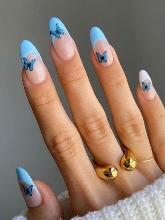Blue Butterfly Decals French Tip Almond Blue Butterfly Decals French Tip Almond — Butterfly Nails