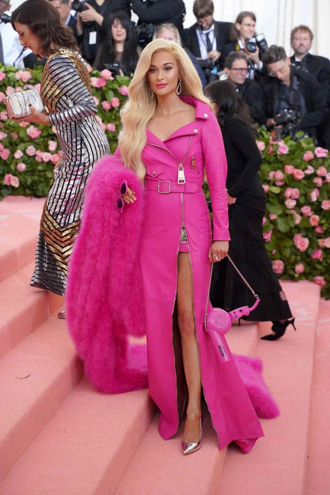 Edgy Pink Leather Moto Dress with Faux Fur — Barbiecore Outfits