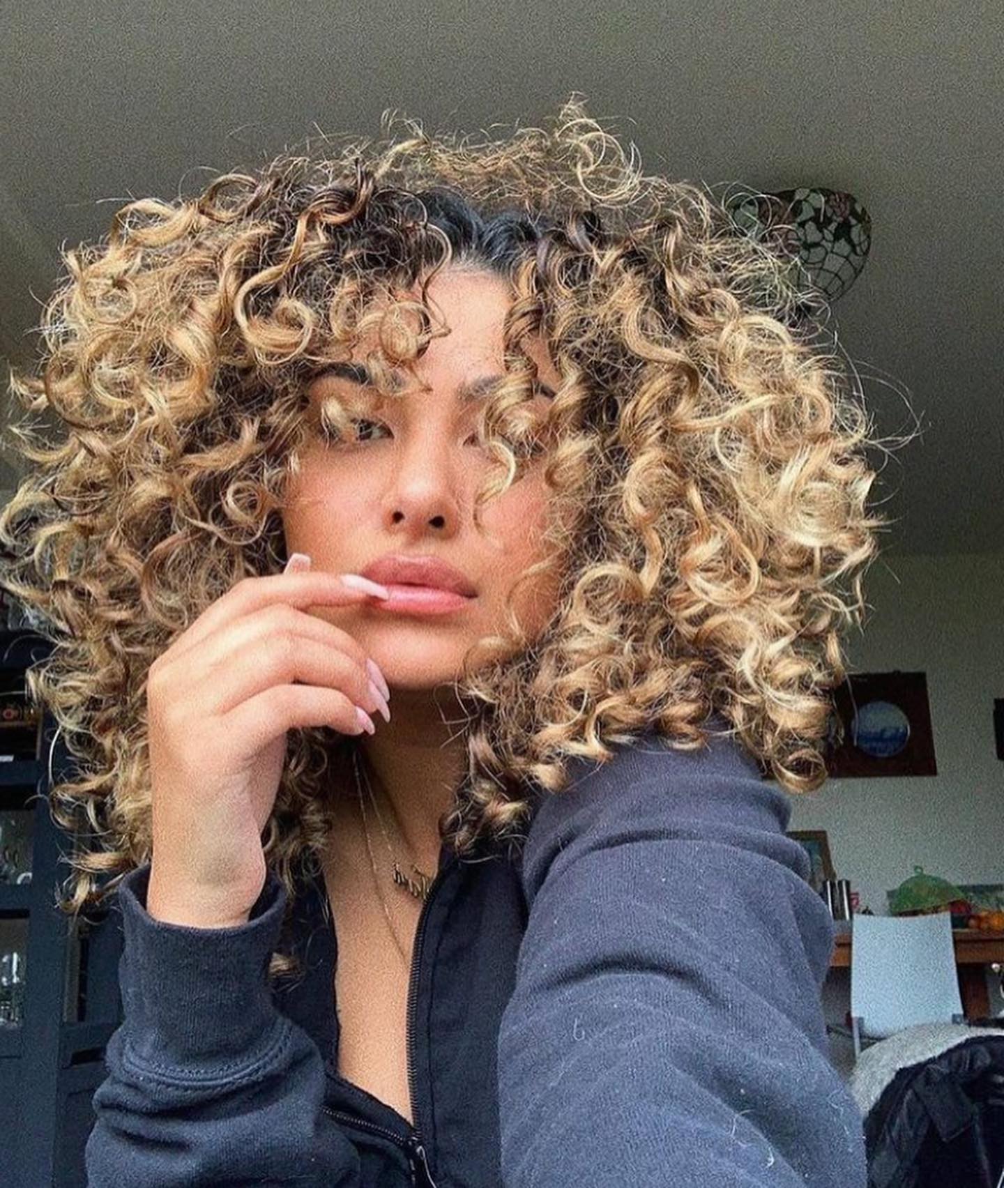 Collarbone Butterfly With Blonde Dimension — Butterfly Haircut Curly Hair