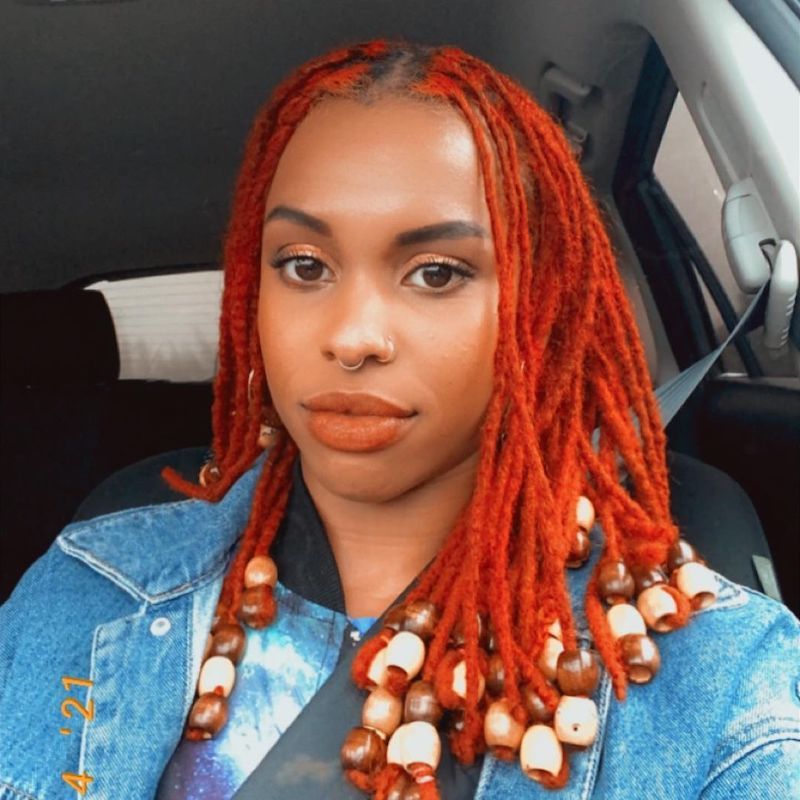 Shoulder Length Red Locs With Wooden Beads Shoulder Length Red Locs With Wooden Beads