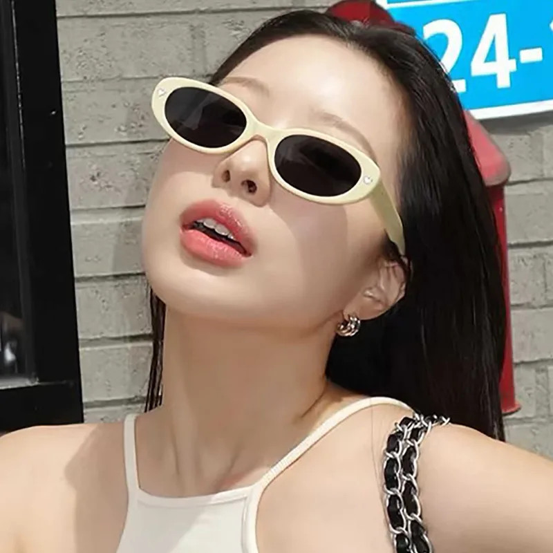 Cream Oval Sunglasses with Silver Hoop Earrings — Sunglasses for Round Face