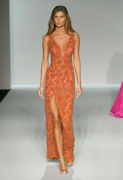 Orange Beaded Gown with Plunging Neckline and Thigh-High Slit Orange Beaded Gown with Plunging Neckline and Thigh-High Slit — Pageant Dresses