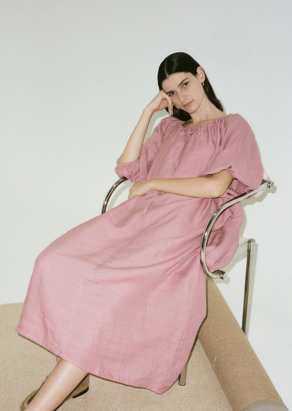 Dusty Pink Midi Dress with Puffy Sleeves and Flat Sandals — House Dresses