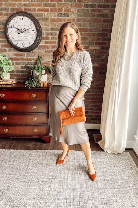 Silver Satin Skirt with Grey Knit Sweater and Orange Heels Silver Satin Skirt with Grey Knit Sweater and Orange Heels — Satin Skirt Outfits