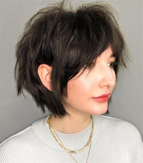 Side Swept Bangs Dark Brown Wavy Wolf Cut Side Part — Short Wolf Cut