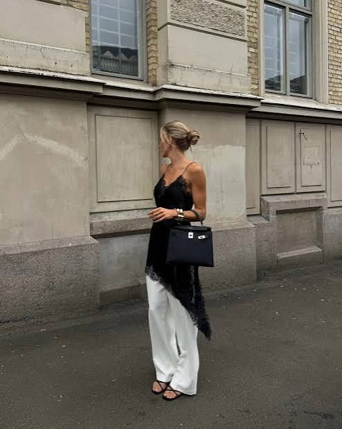 Casual Asymmetrical Hem Lace Camisole with White Wide-Leg Pants Casual Asymmetrical Hem Lace Camisole with White Wide-Leg Pants — Lace Top Outfits
