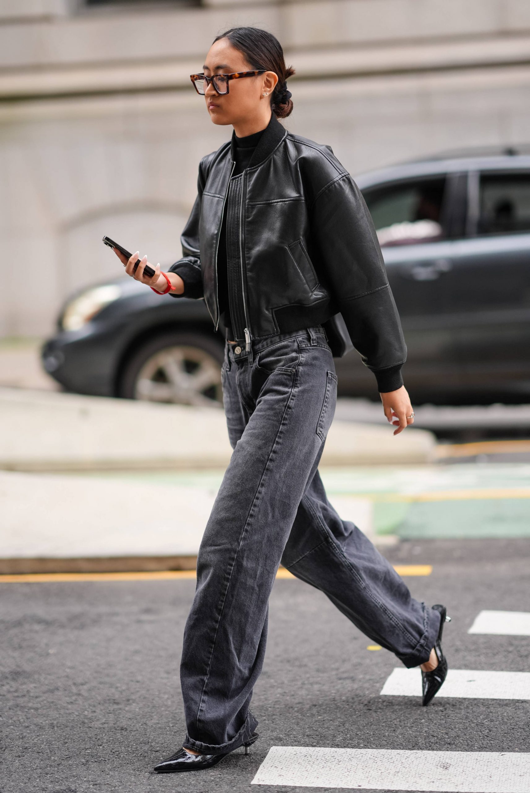 Charcoal Wide-Leg Jeans with Leather Bomber and Turtleneck Charcoal Wide-Leg Jeans with Leather Bomber and Turtleneck — Jeans Outfits