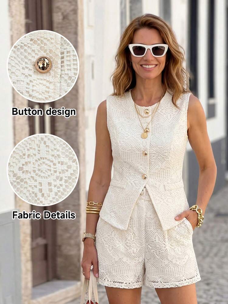 Ivory Lace Vest and Shorts Set for Vacation Style Ivory Lace Vest and Shorts Set for Vacation Style — Shein Outfits
