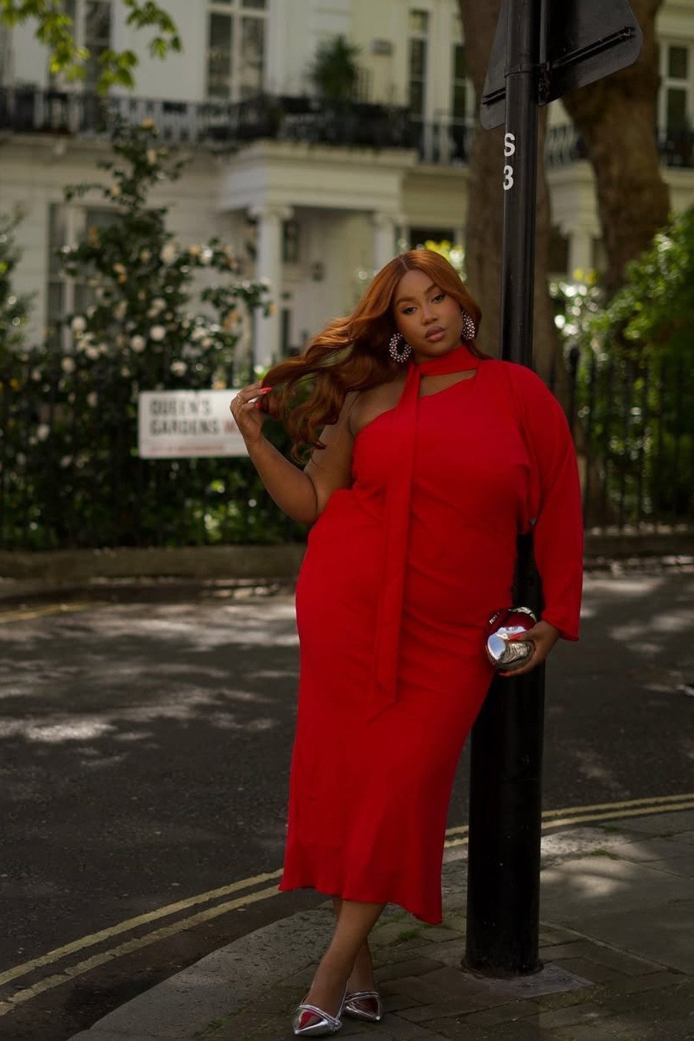 Red One-Shoulder Midi Dress with Scarf Detail — Dresses for Apple Shape