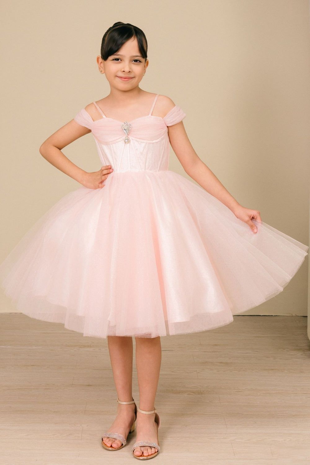 Pink Pageant Ballgown with Off-the-Shoulder Neckline and Jeweled Embellishment Pink Pageant Ballgown with Off-the-Shoulder Neckline and Jeweled Embellishment — Pageant Dresses