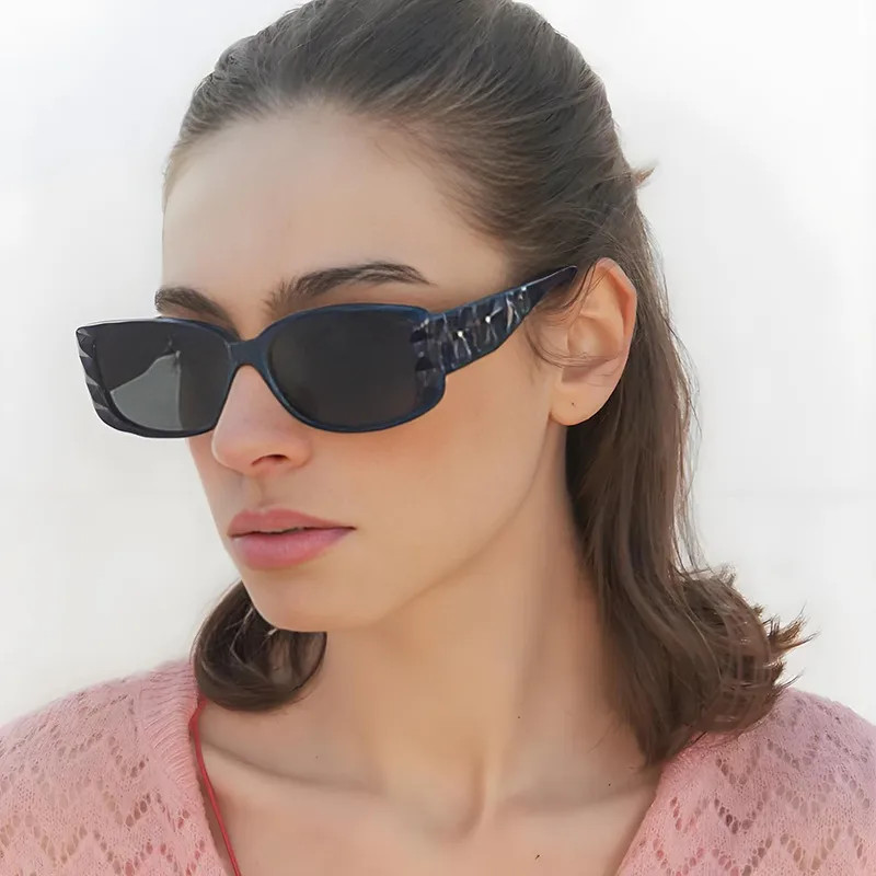 Blue Rectangle Sunglasses with Patterned Arms and Pink Cardigan Blue Rectangle Sunglasses with Patterned Arms and Pink Cardigan — Rectangle Sunglasses Outfits