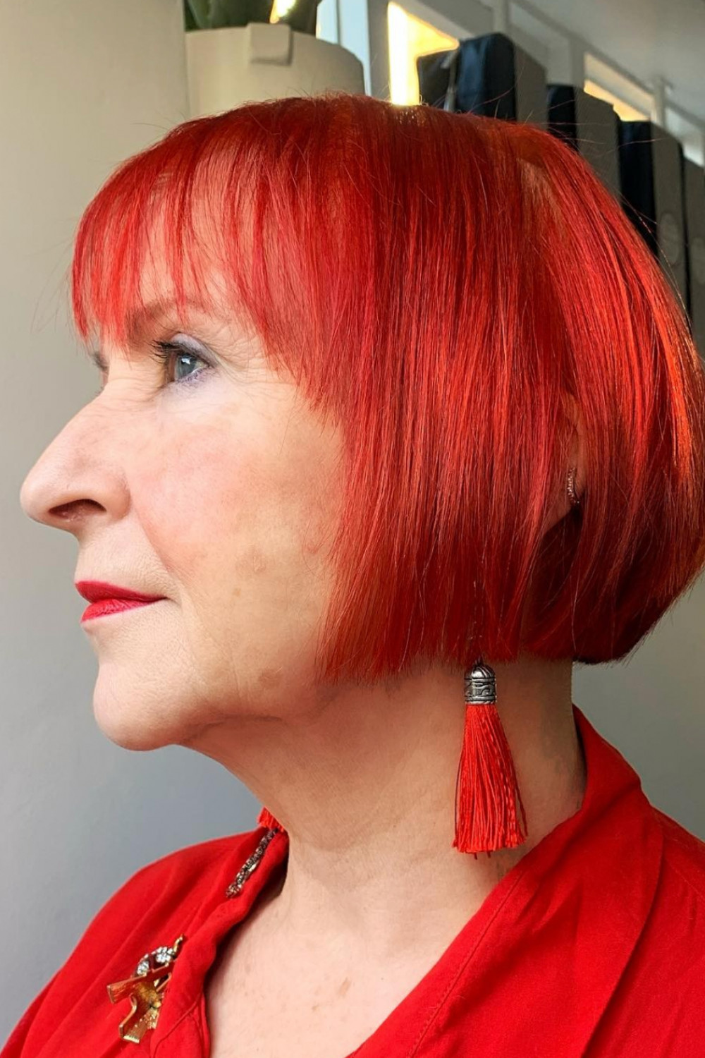 Blunt Bob with Blunt Bangs in Bright Red Blunt Bob with Blunt Bangs in Bright Red — Red Hair Over 50