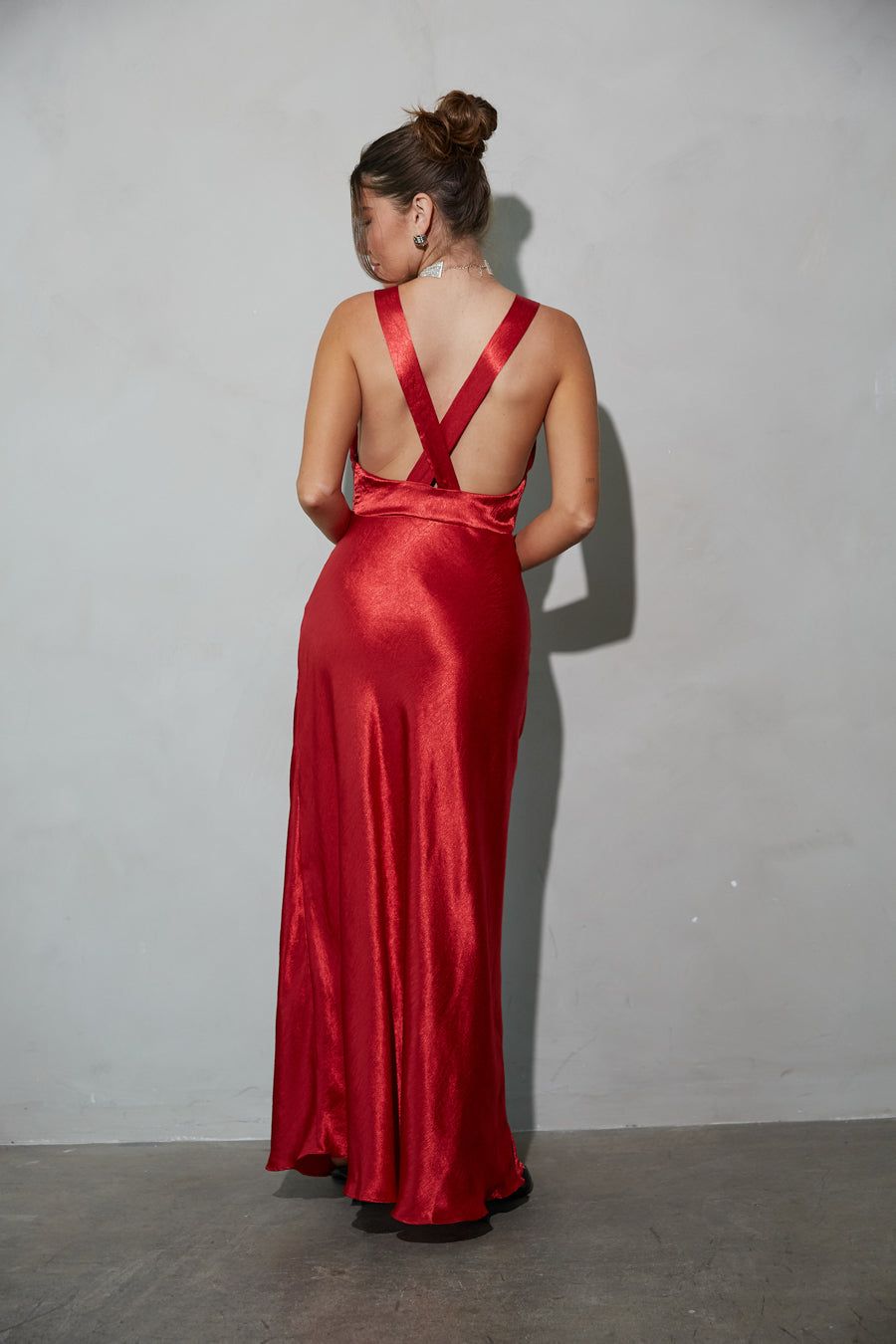 Red Satin Maxi Dress with Open Back Detail — Satin Dress Outfits