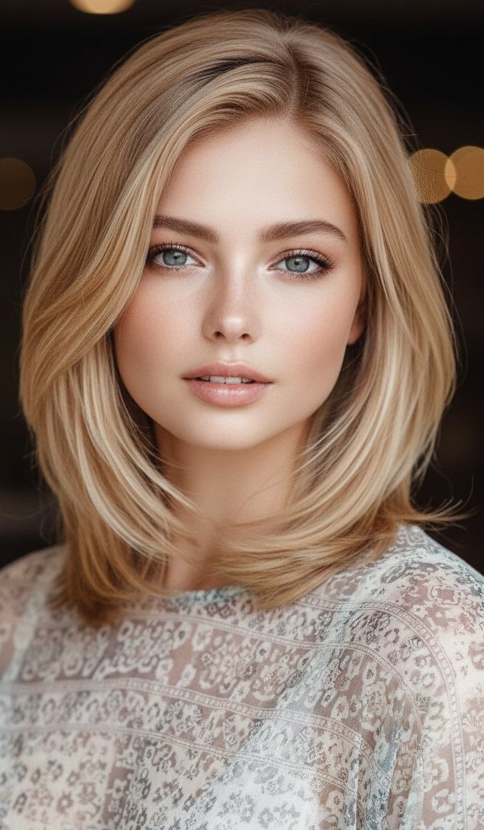 Soft Blonde Blowout With Side Swept Bangs — Shoulder Length Haircuts