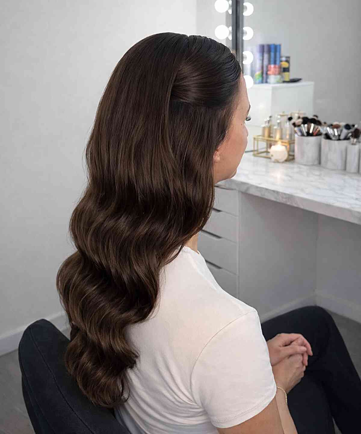 Mid-Back Dark Brown Half-Up Waves Mid-Back Dark Brown Half-Up Waves — Hollywood Waves