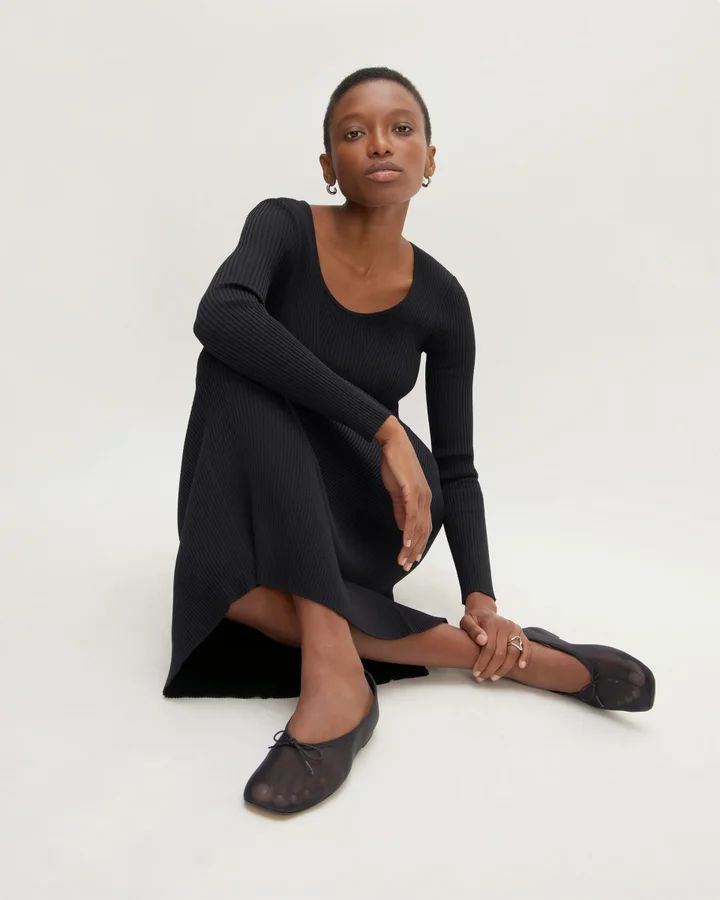Black Mesh Ballet Flats with Long-Sleeve Ribbed Midi Dress Black Mesh Ballet Flats with Long-Sleeve Ribbed Midi Dress — Mesh Ballet Flats Outfits