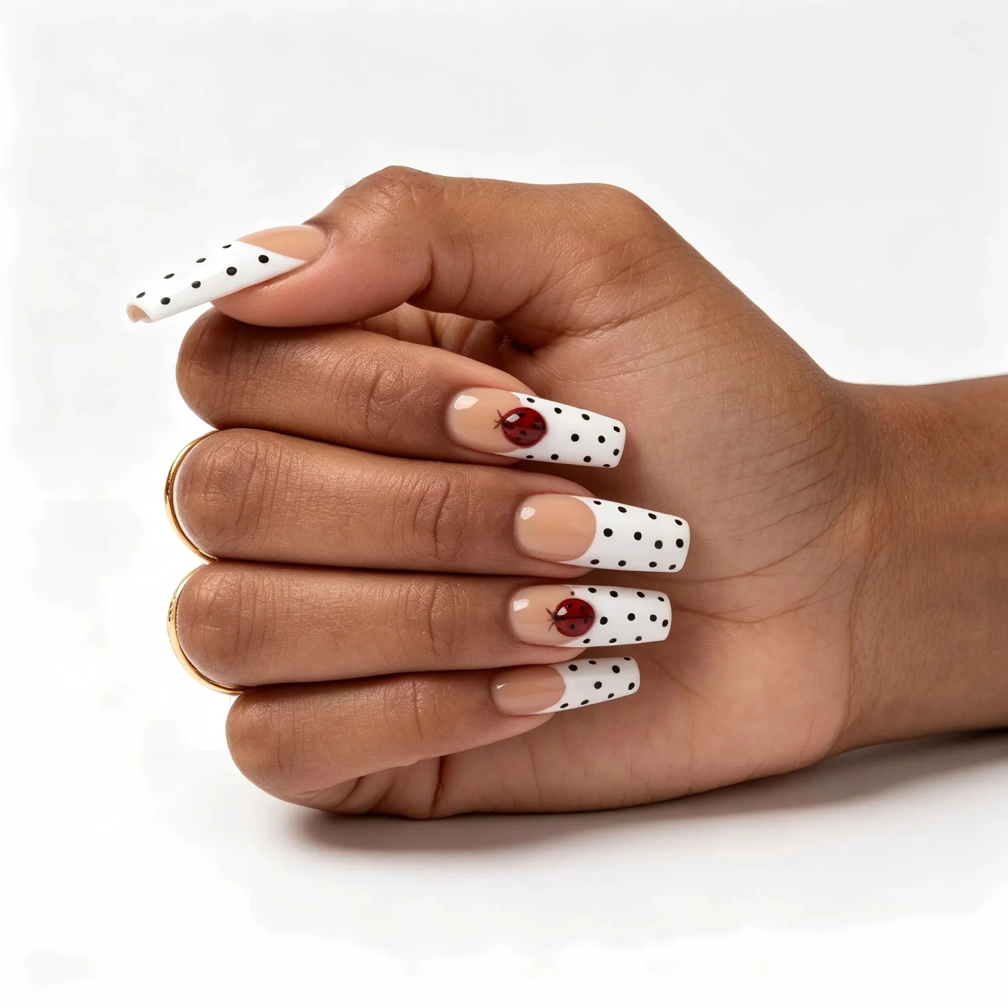 Long Square Polka Dot French Tips with Ladybugs — Ladybug Nails