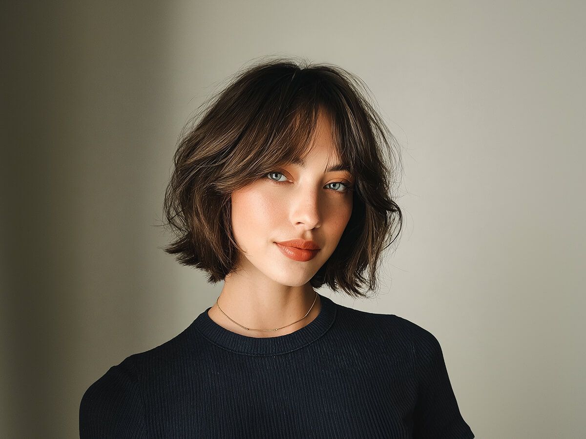 Air-Dried Wavy Bob With Face-Framing Bangs Air-Dried Wavy Bob With Face-Framing Bangs — Bob with Curtain Bangs
