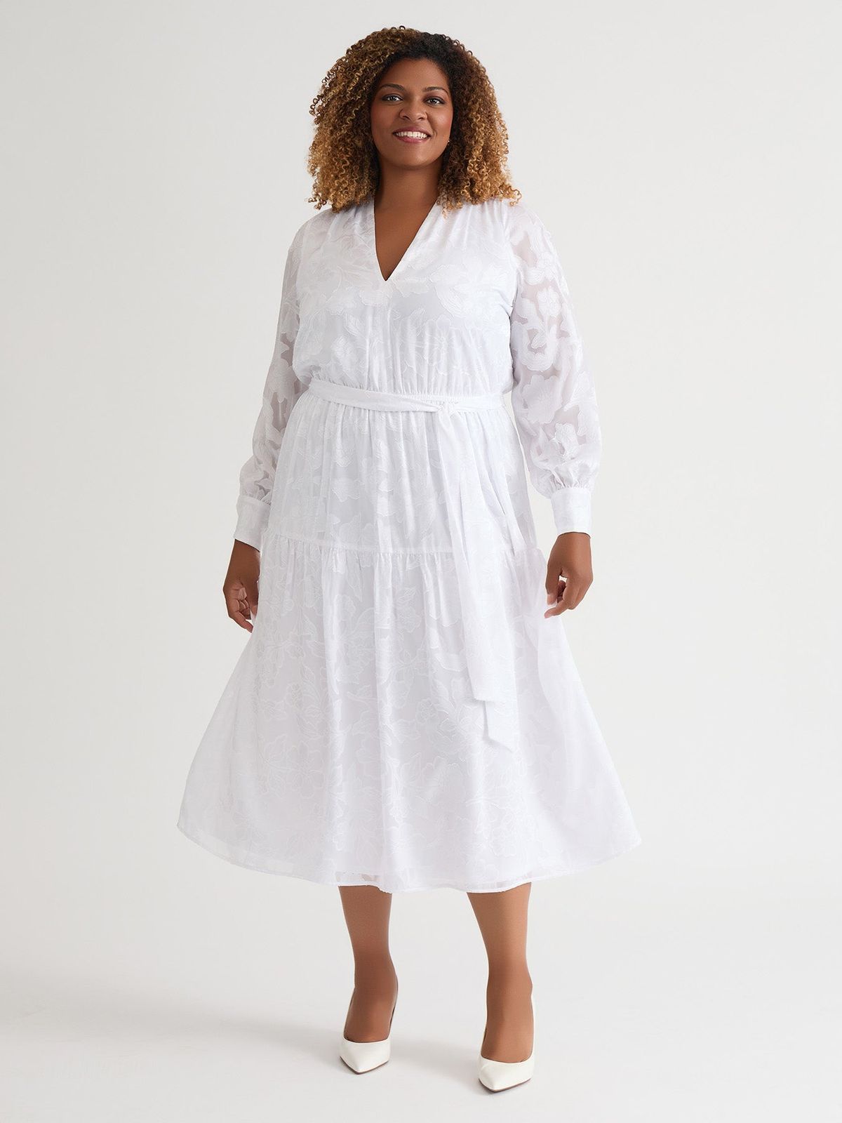 Burnout Floral Tiered Midi Dress with Belt — Tiered Dresses