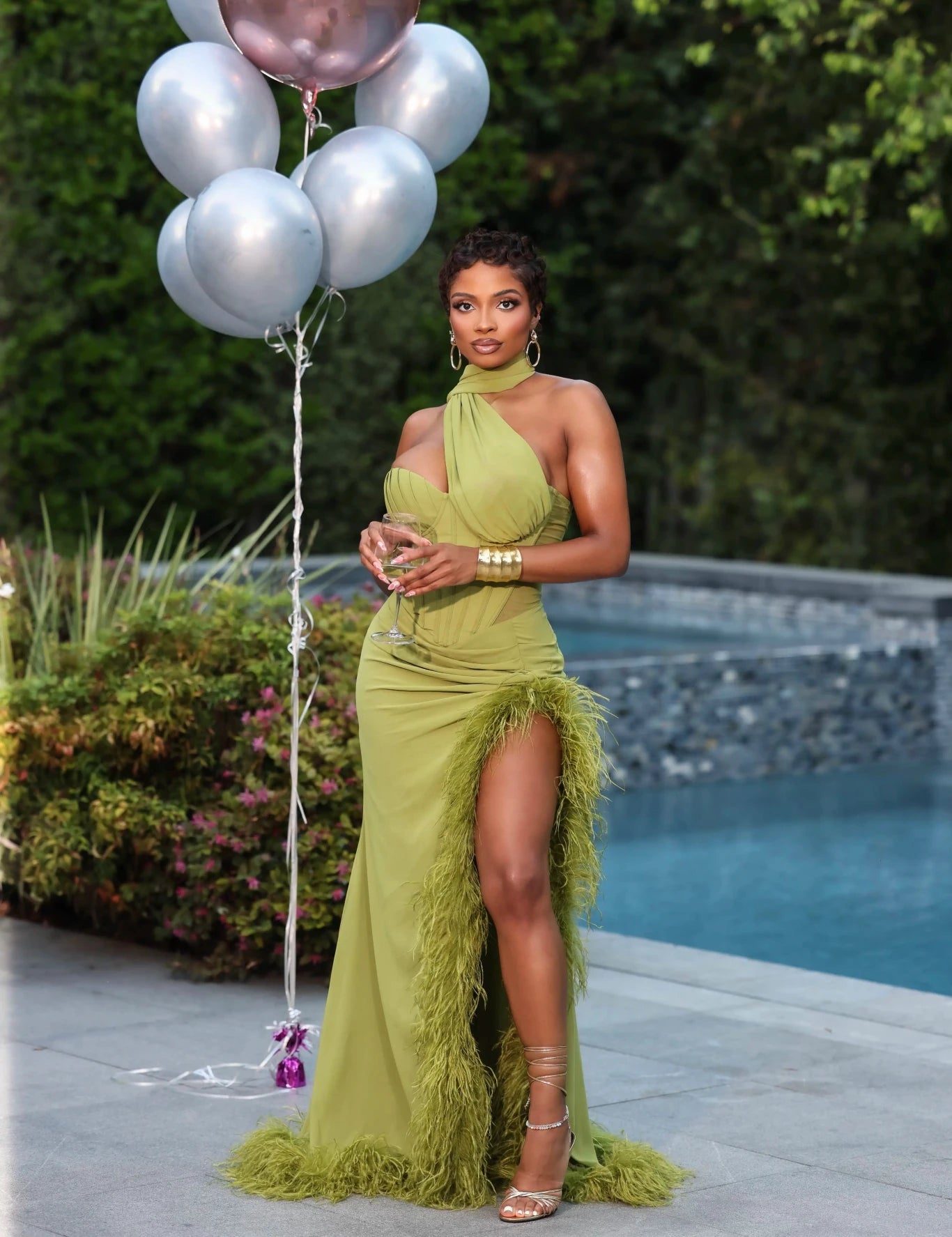 Striking Lime Green One-Shoulder Dress with Feather Detail — 30th Birthday Outfits