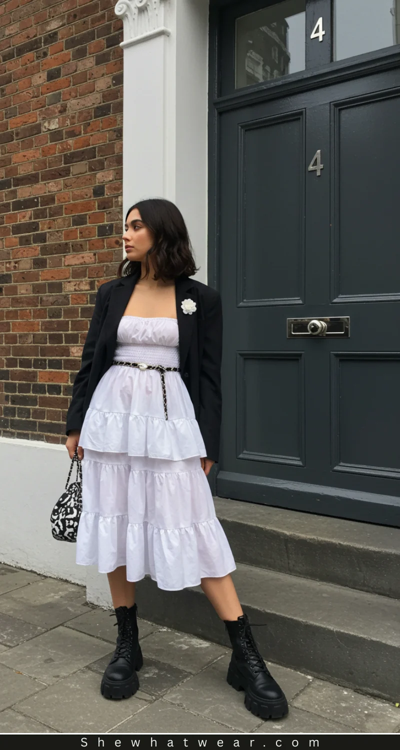 Black Blazer Over a White Tiered Strapless Dress — Black and White Outfits