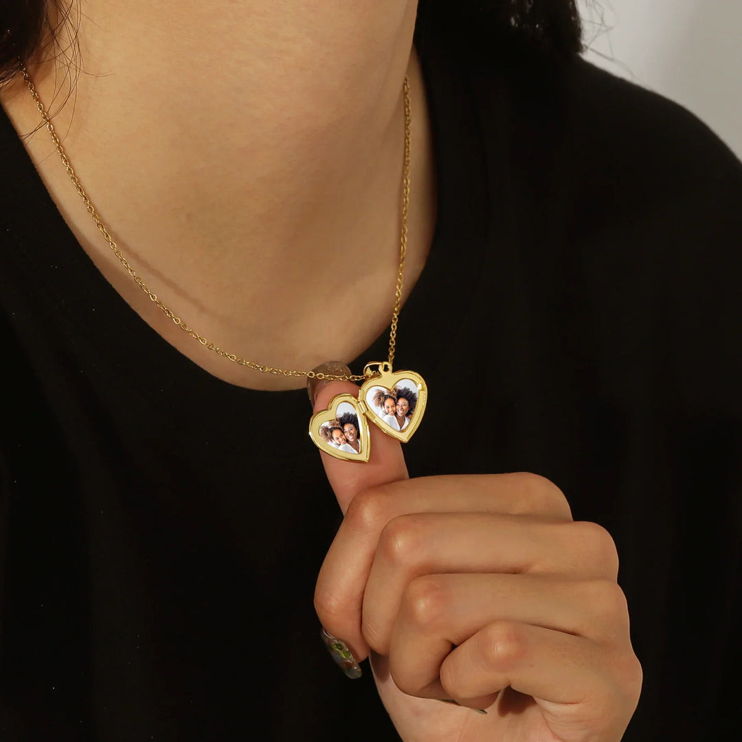 Heart Locket Holding Photos on Black and Blue — Locket Necklaces