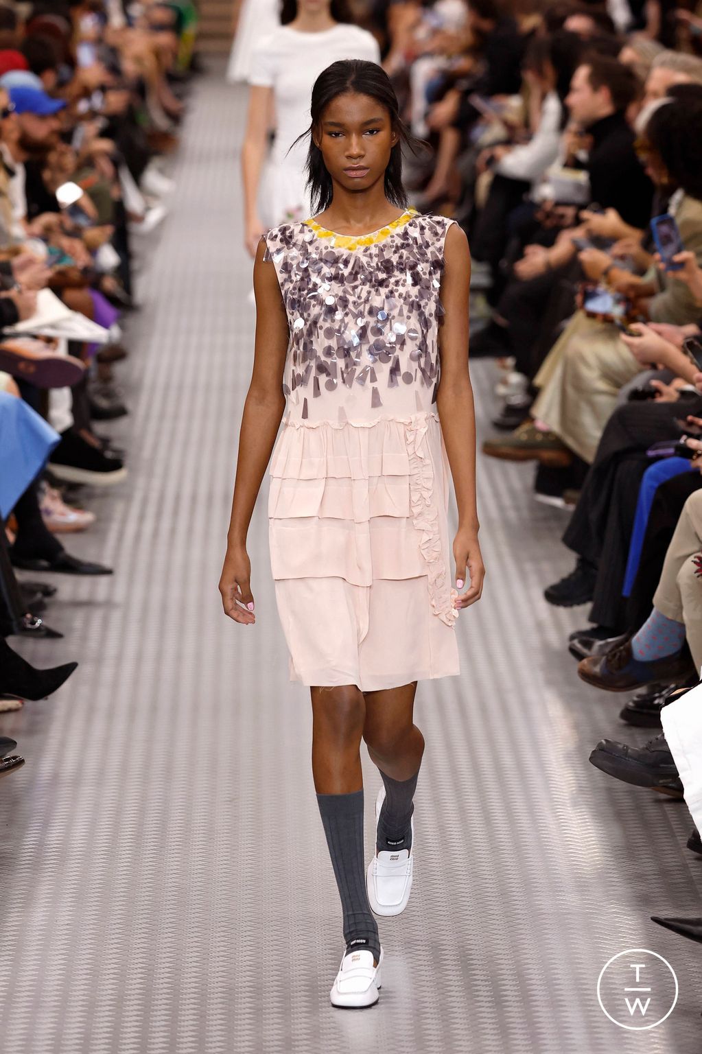 Miu Miu Pale Pink Sequin Dress with Ruffles — Miu Miu Outfits