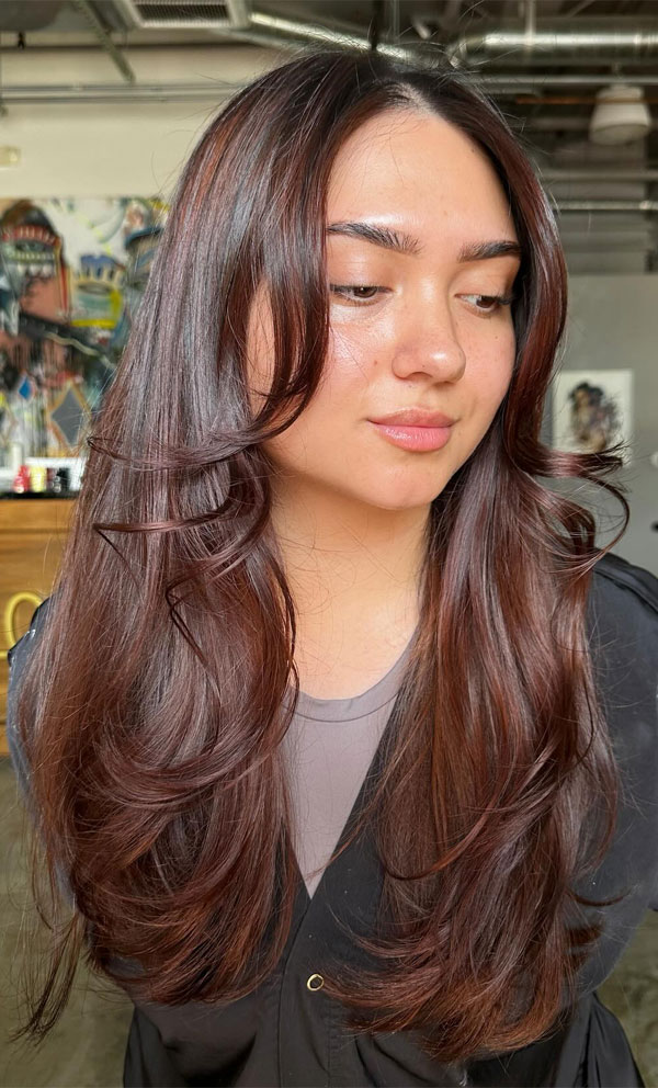 Thick Wavy Dark Brown With Red Tones Thick Wavy Dark Brown With Red Tones — Face Framing Layers