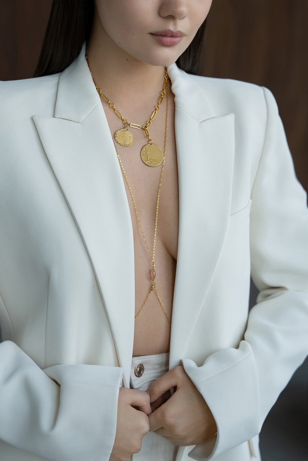Gold Body Chain with Rose Quartz Pendant and Blazer Gold Body Chain with Rose Quartz Pendant and Blazer — Body Chain Outfits