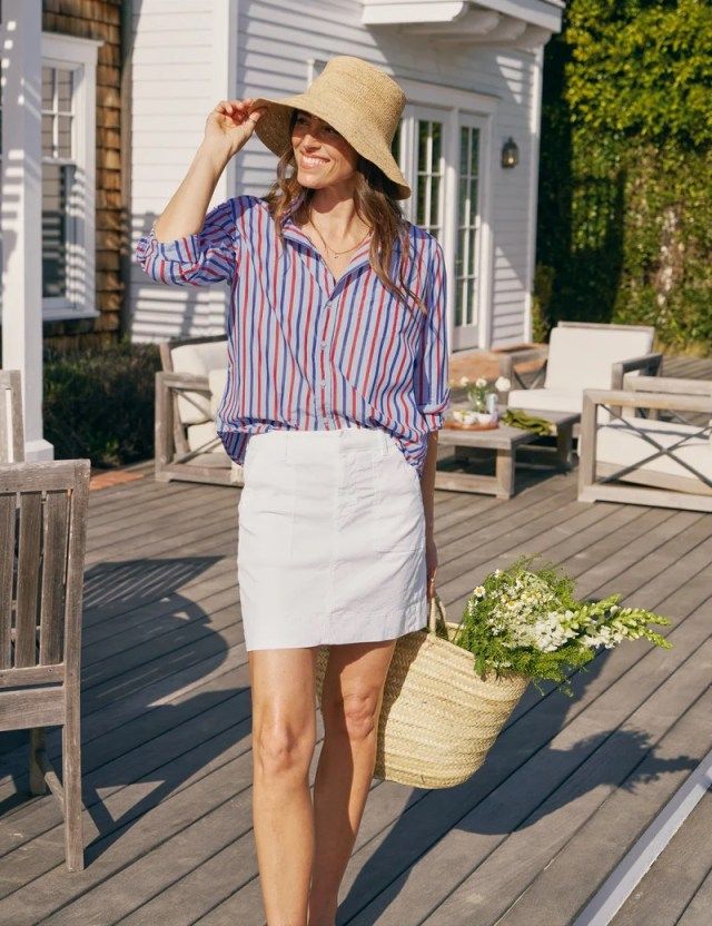 Striped Button-Down with White Linen-Like Skirt and Straw Hat — Nantucket Outfits