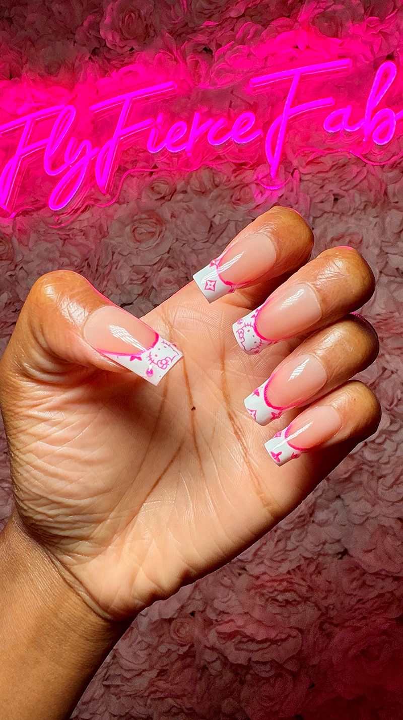 Clear Base With Pink And White Accents Visual Idea — Sanrio Nails