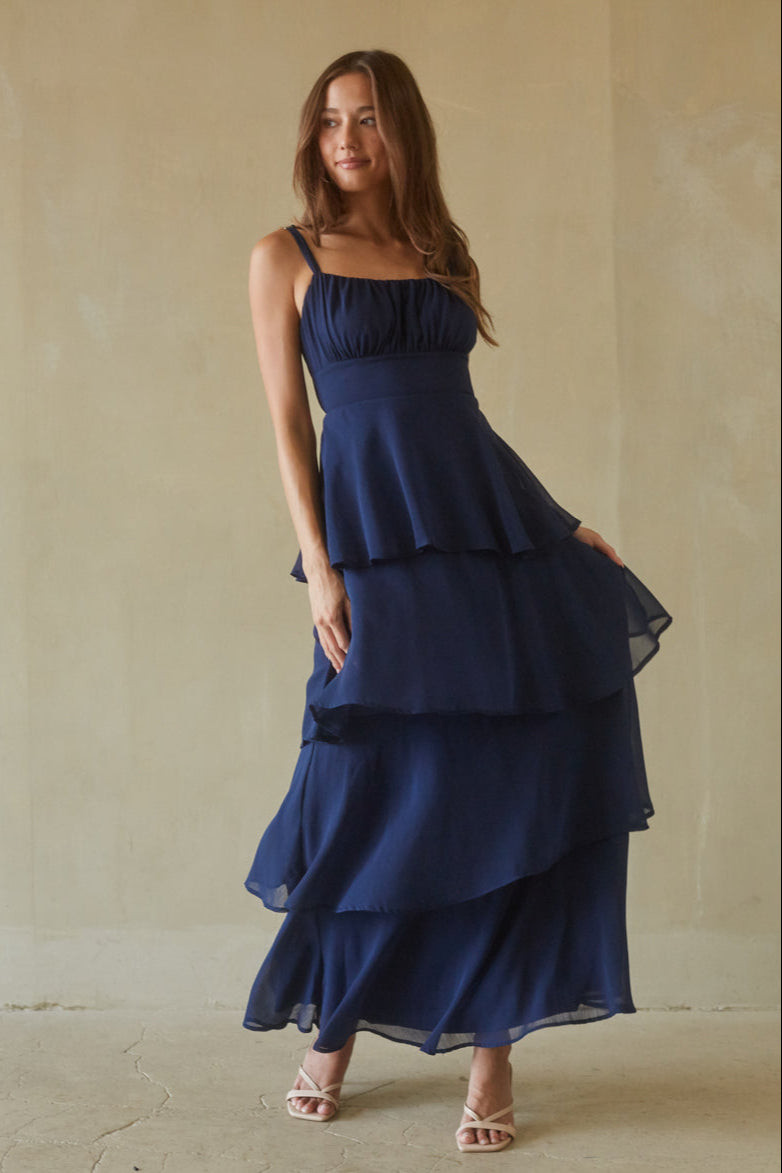 Navy Blue Chiffon Tiered Maxi Dress Navy Blue Chiffon Tiered Maxi Dress — Sorority Formal Dresses