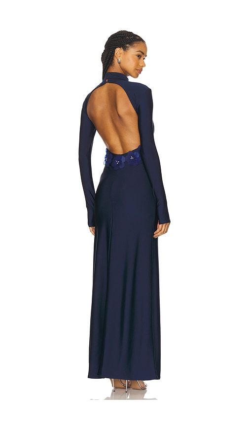 Navy Maxi with Floral Appliqué Open Back Navy Maxi with Floral Appliqué Open Back — Backless Dresses